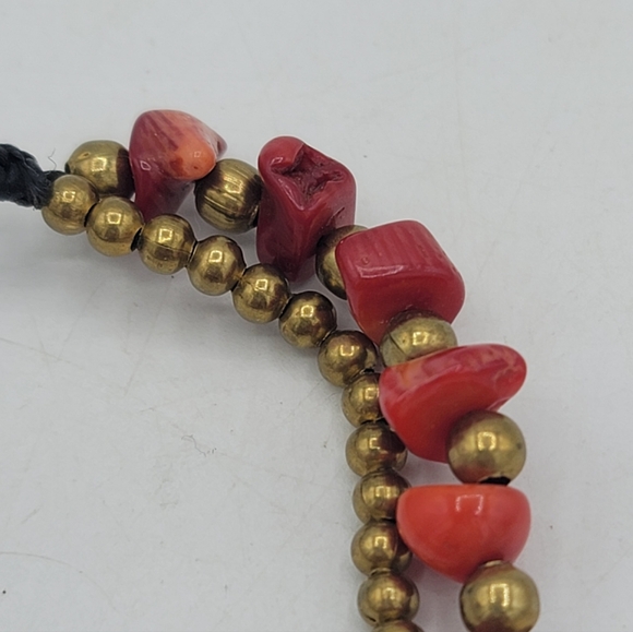 Coral Color Red Stone Chip Anklet Double Strand Gold Tone Beads Jingle Bells 11" - Picture 8 of 11